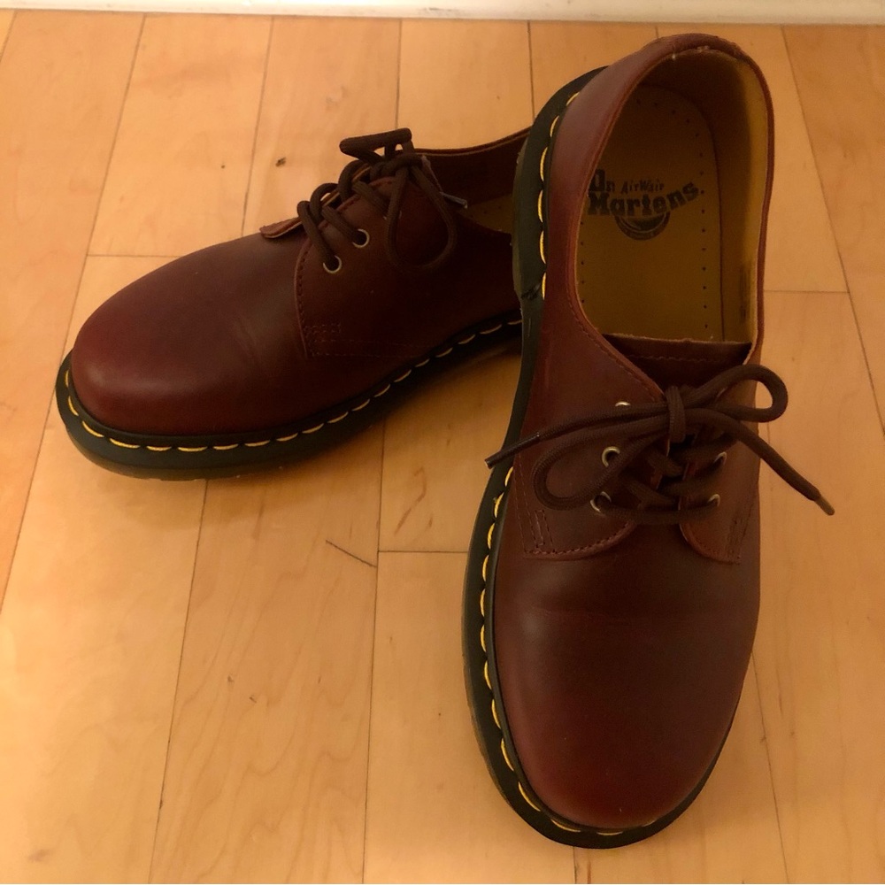Dr. Martens Burgundy Leather Oxfords with Yellow Stitching